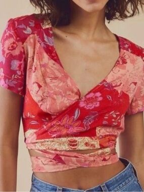 Free People Ashley Wrap Crop Top Patchwork Red Pink M NWT $98